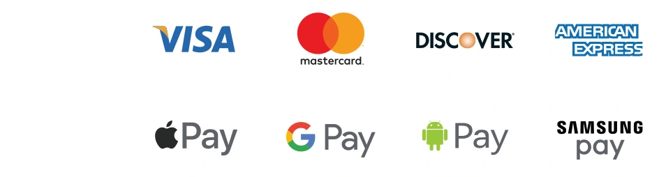 Accepted payment methods including Visa, Mastercard, Discover, American Express, Apple Pay, Google Pay, Android Pay and Samsung Pay